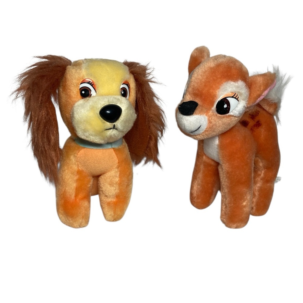 Lot - 2 VTG Disney Bambi Deer Lady + Tramp Puppy Plush Canasa Trading Small